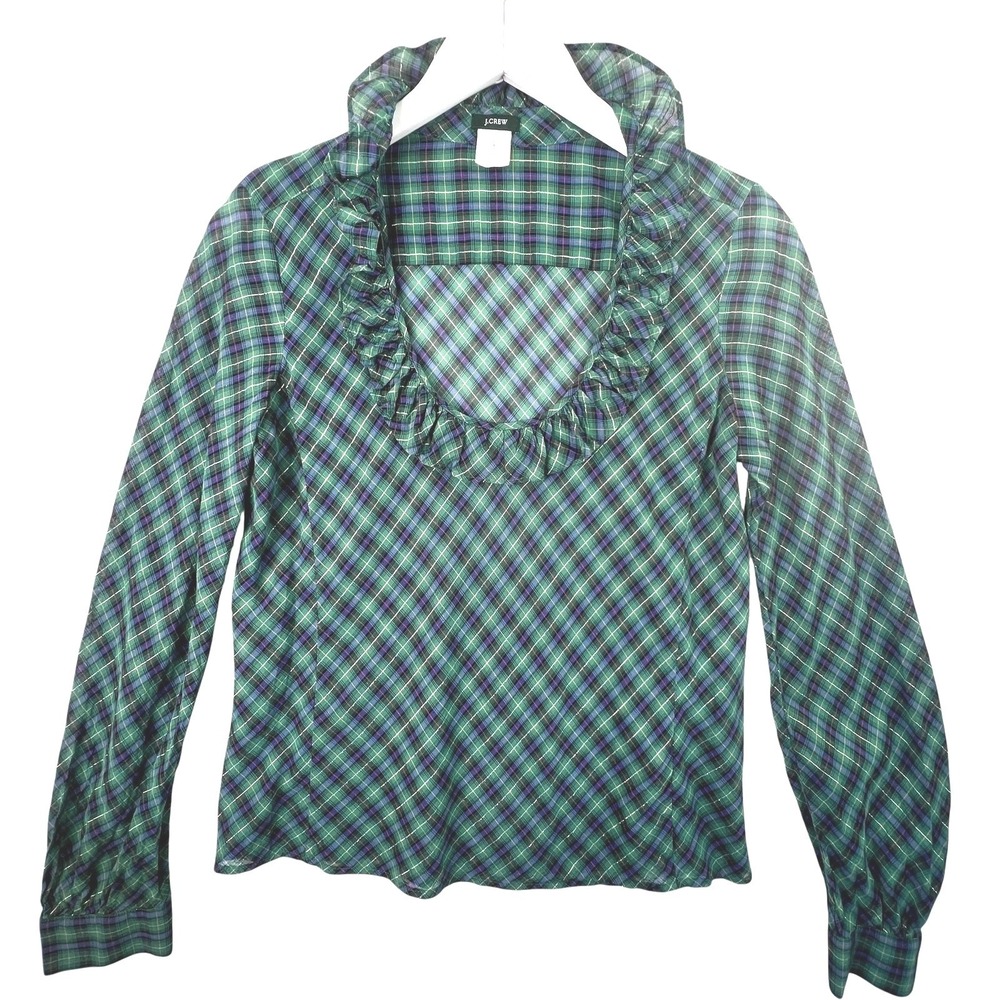 J.Crew‎ Metallic Plaid Ruffle Neck Blouse Green Long Sleeve Womens Size 4